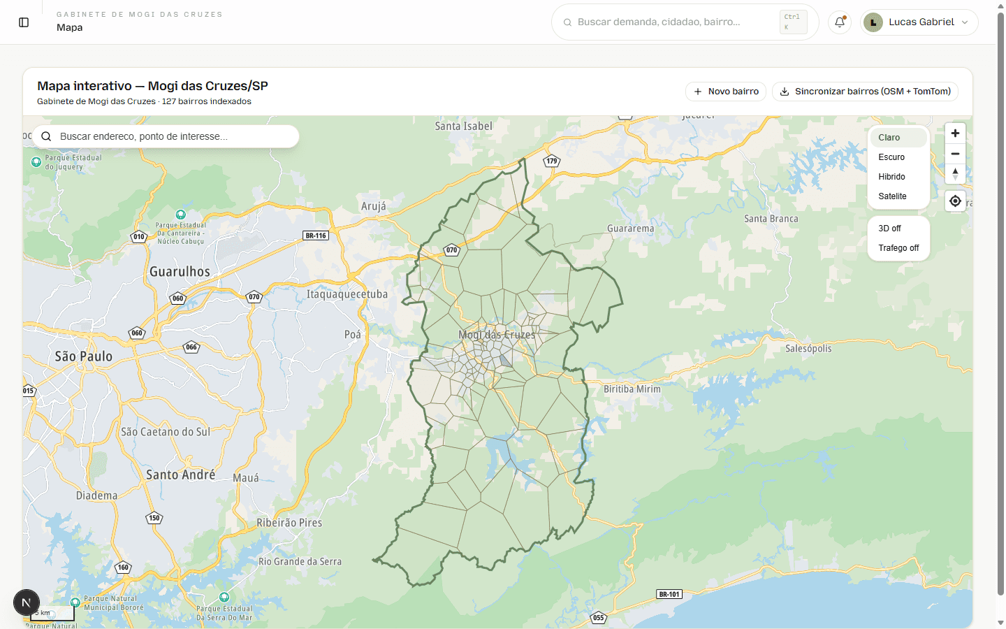 Mapa territorial do BIVIUM - 127 bairros de Mogi das Cruzes com diagramas de Voronoi